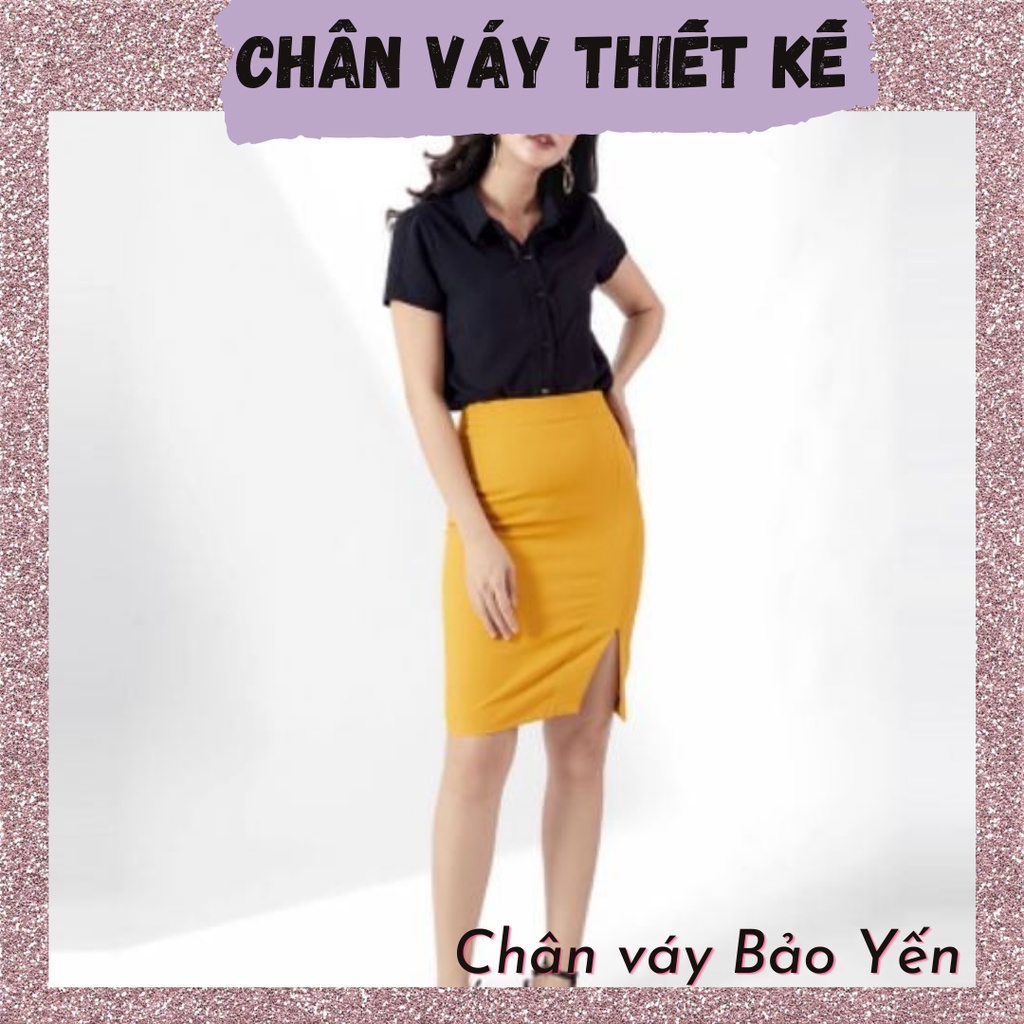 Chân váy bút chì màu vàng xẻ trước dài trên gối - M49
