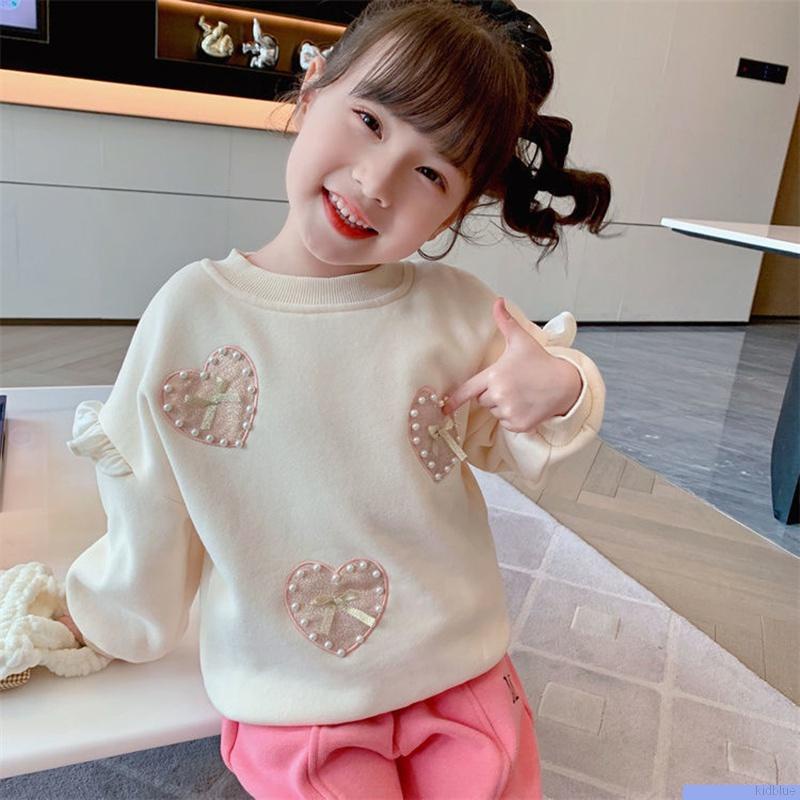 Áo thun tay dài cổ tròn họa tiết trái tim đính ngọc trai dễ thương thời trang xuân thu cho bé gái
