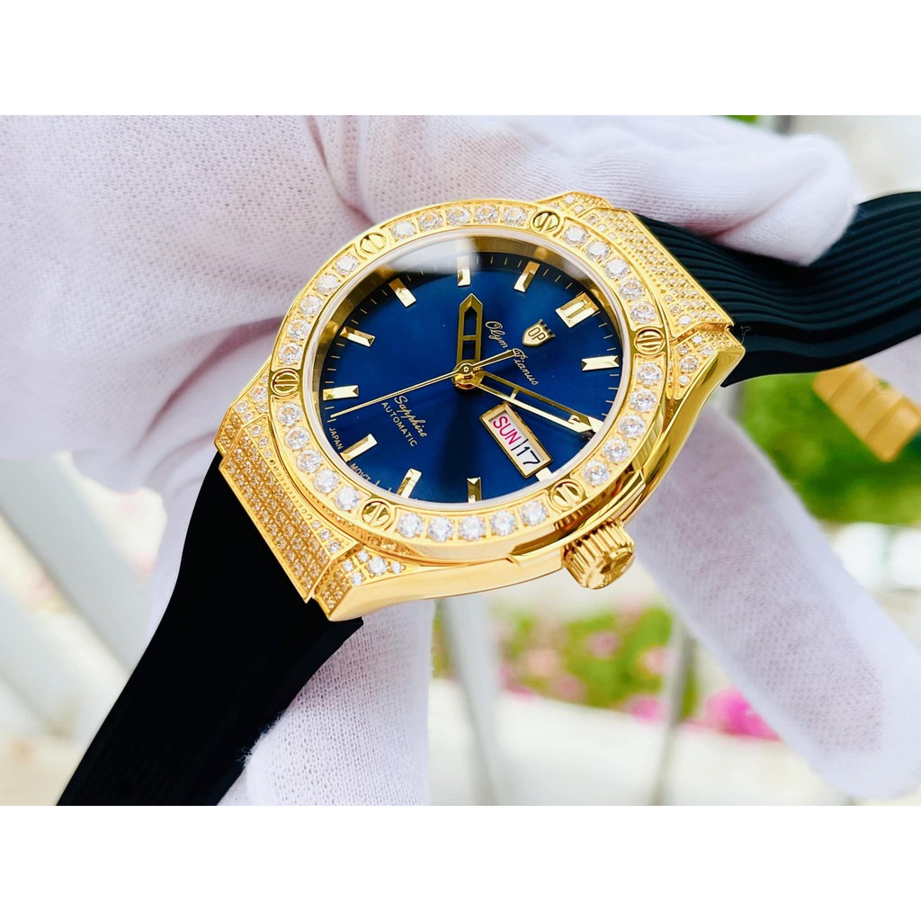 Đồng hồ nam Olym Pianus OP990-45ADGK-X mặt xanh, viền vàng; Thiết kế kiểu dáng Hublot; New100, Fullbox: Bảo hành 2 năm