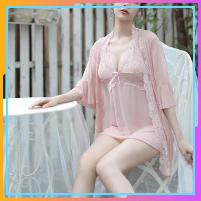 Bộ đồ ngủ áo choàng kèm váy ngủ 2 DÂY voan thun co giãn cao cấp, đầm ngủ mềm mại sang chảnh kimono nhật bản | BigBuy360 - bigbuy360.vn