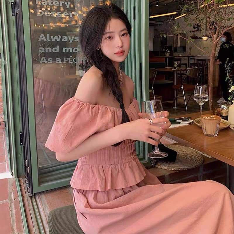 Set áo váy trễ vai tiểu thư 2 màu BCi