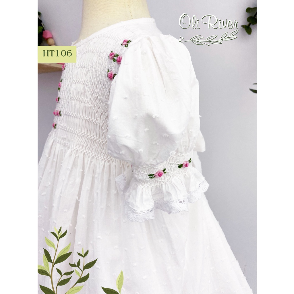 Váy Smock bé gái hạt trắng thêu hoa hồng phối tay chun oli river HT106