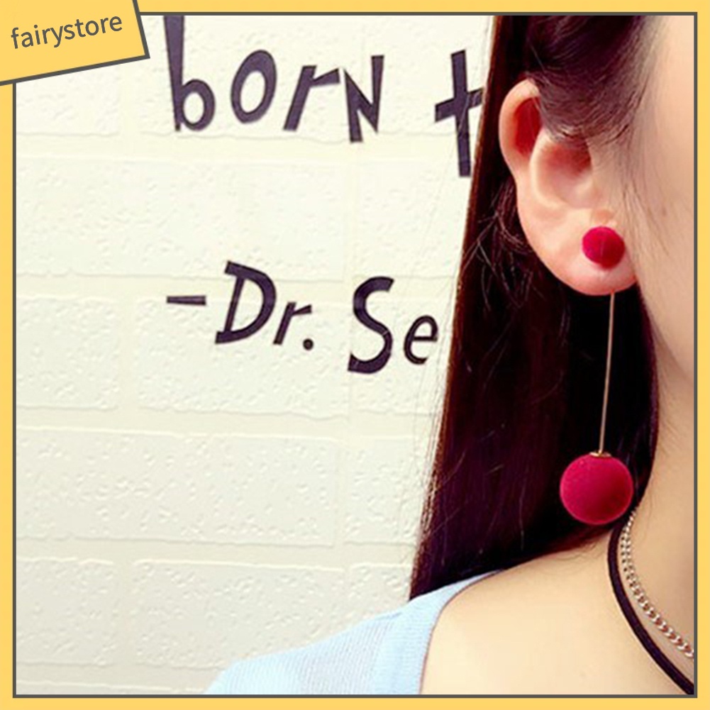 Khuyên Tai Dáng Dài Đính Quả Bông bằng Lông thú giả xinh xắn