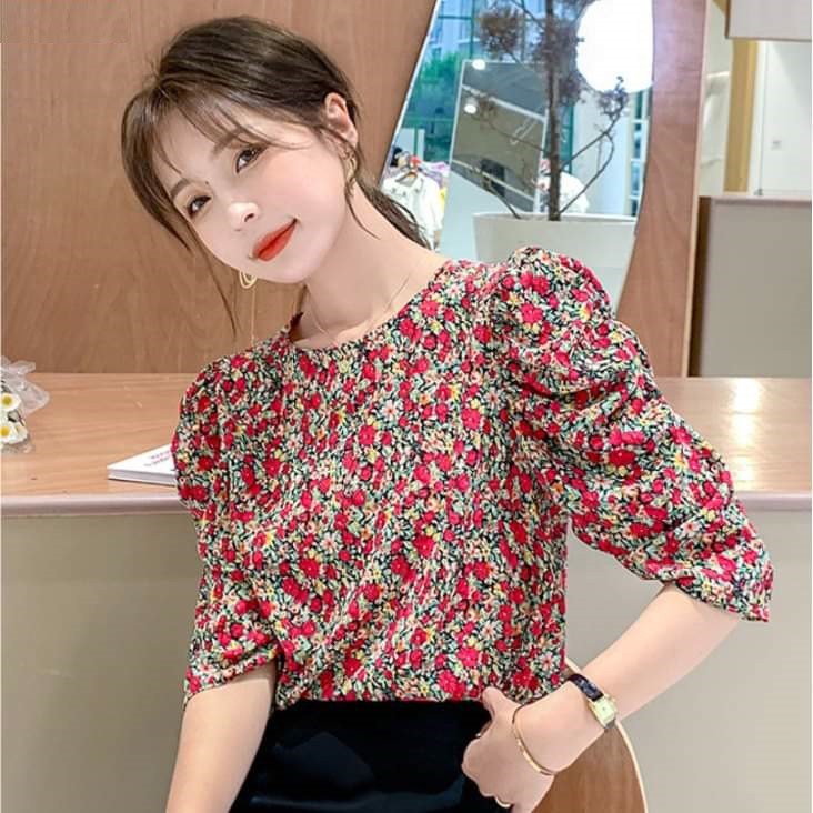 Áo kiểu nữ Hàn Quốc hoa nhí cổ tròn suông tay lỡ A67