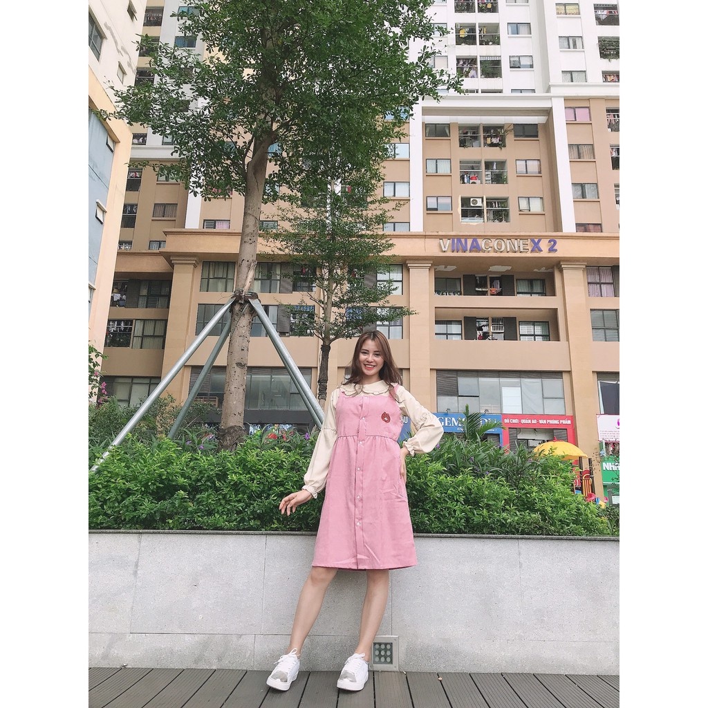 :Set váy yếm nhung gấu hồng siêu xinh (LOLLA FASHION)