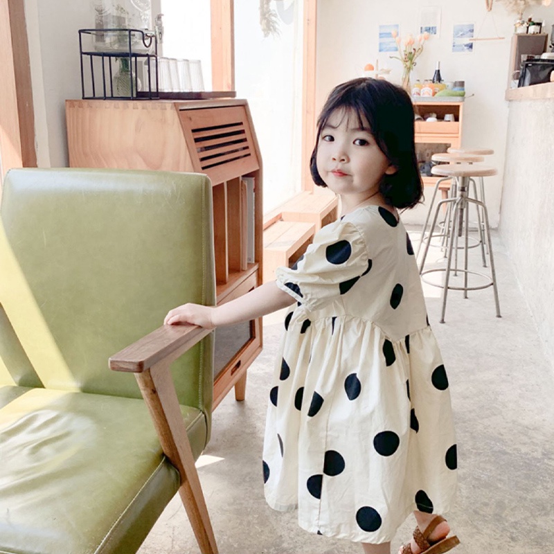 Đầm Công Chúa Tay Phồng Họa Tiết Chấm Bi Lớn Kiểu Hàn Quốc Thời Trang Mùa Hè Cho Bé Gái