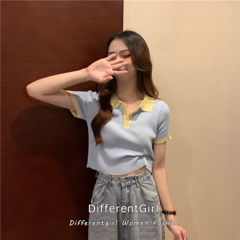 Áo Thun Croptop Dệt Kim Tay Ngắn Cổ Polo Dáng Ôm Phong Cách Thời Trang Hàn Quốc