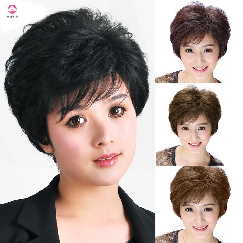 Bộ Tóc Giả Ngắn Xoăn Gợn Sóng Bằng Sợi Tổng Hợp Chịu Nhiệt Thời Trang Cho Nữ Trung Niên