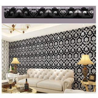 Cuộn 5m pvc giấy dán tường - hoa châu âu xám nền đen kt117