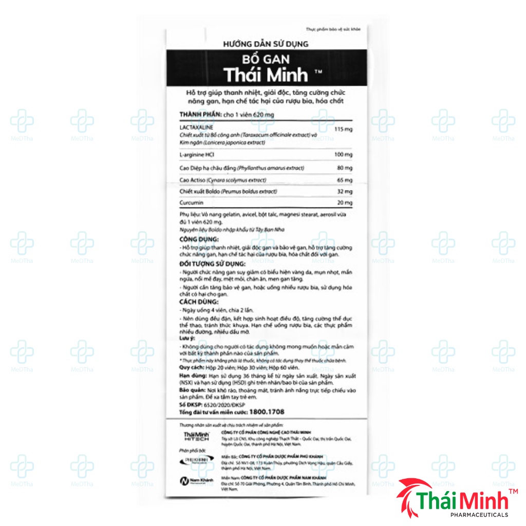 Bổ gan Thái Minh - Giải Độc Gan, Mát Gan, Bồ Công Anh, Arginine, Diệp Hạ Châu (Hộp 20 Viên) [Chính Hãng]