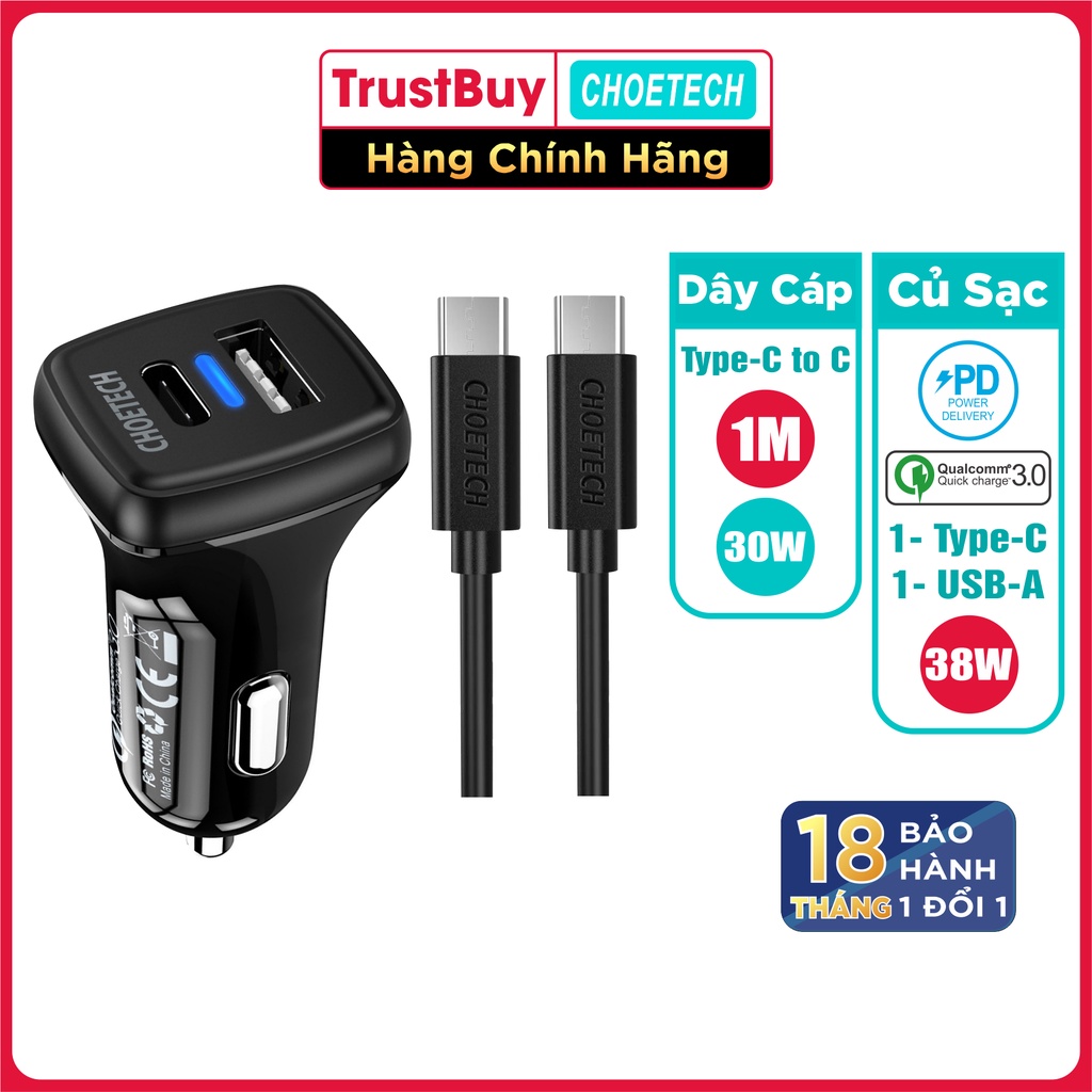 Bộ Củ Sạc Ô Tô CHOETECH 38W QC 3.0 18W, PD 20W TC0005 V2 + Cáp Type C to C 1M 30W CC0002-V2 - Hàng Chính Hãng