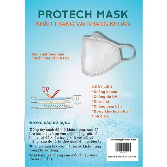 KHẨU TRANG Y TẾ KHÁNG KHUẨN PROTECH MASK- LOẠI VẢI - 3 LỚP KHÁNG KHUẨN + CHỐNG UV -  SỬ DỤNG 30 LẦN GIẶT