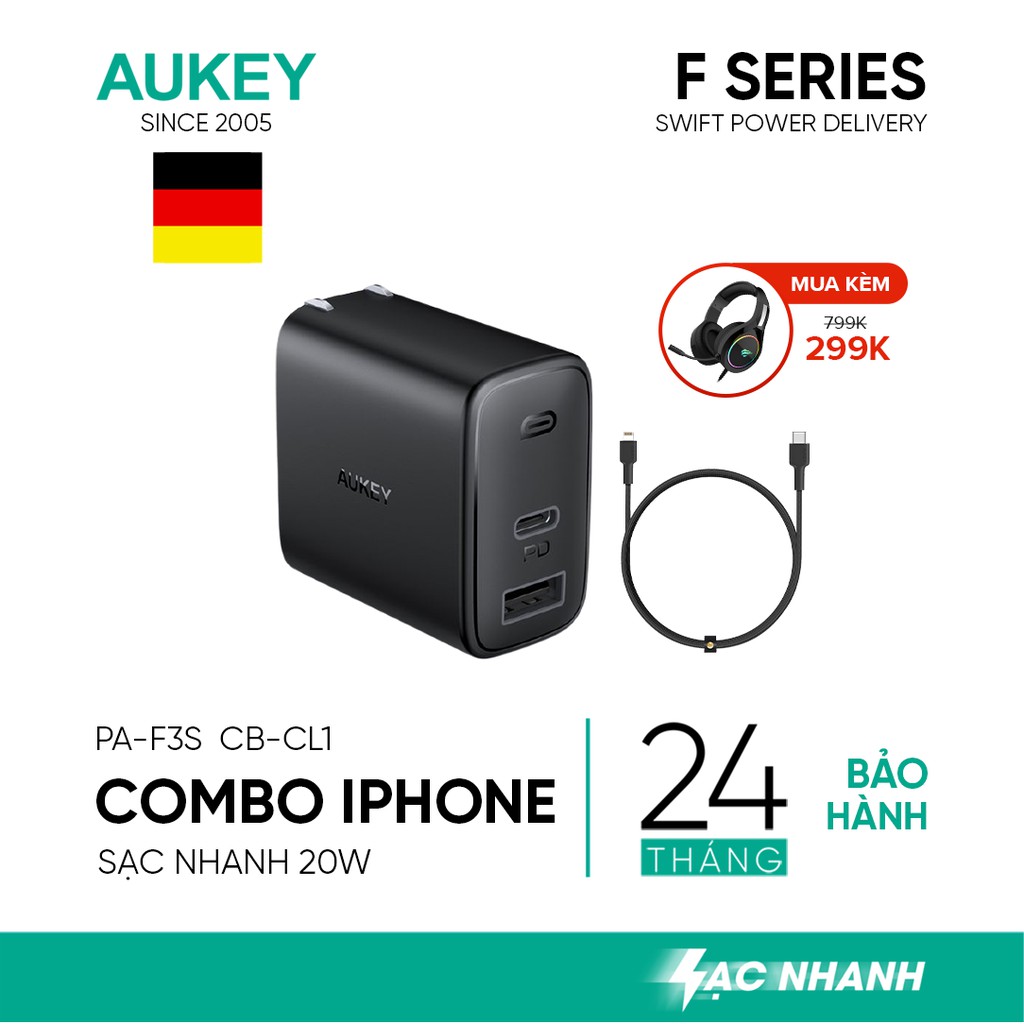 Combo AUKEY Cốc Sạc 2 Cổng PA-F3S Sạc Nhanh Type C PD 18W, USB-A 12W + Cáp C To Lighning MFi CB-CL, Hỗ Trợ PD Lên Tới 22