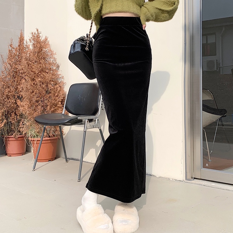 Chân váy SUXI dáng dài vải nhung lưng cao màu trơn phong cách vintage thời trang mùa thu dành cho nữ