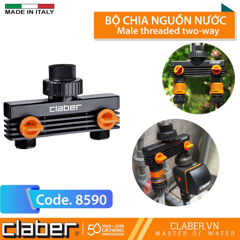 Bộ Chia Nước 2 kênh [Made In Italy] Claber 8590, nhựa ABS ngõ vào ngõ ra ren 27mm