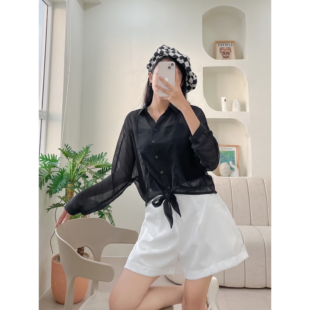 Áo sơ mi voan Hàn cột dây, Sơ mi tay dài form lửng tôn dáng, không nhăn, không ngứa