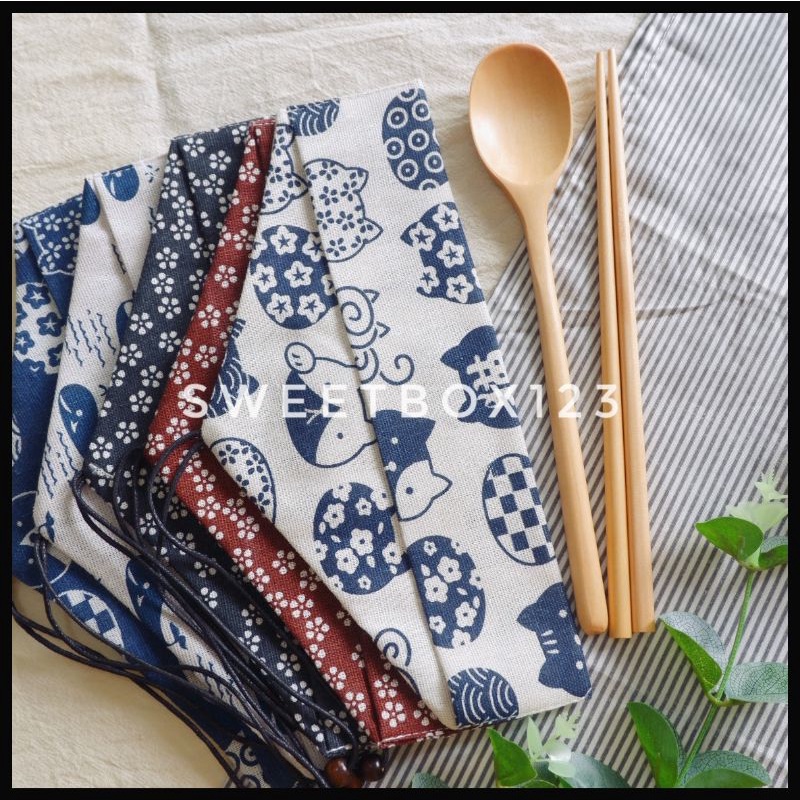 Bộ Muỗng Đũa Gỗ Văn Phòng - Set Thìa Đũa Gỗ Cá Nhân - Túi Vải Đựng Muỗng