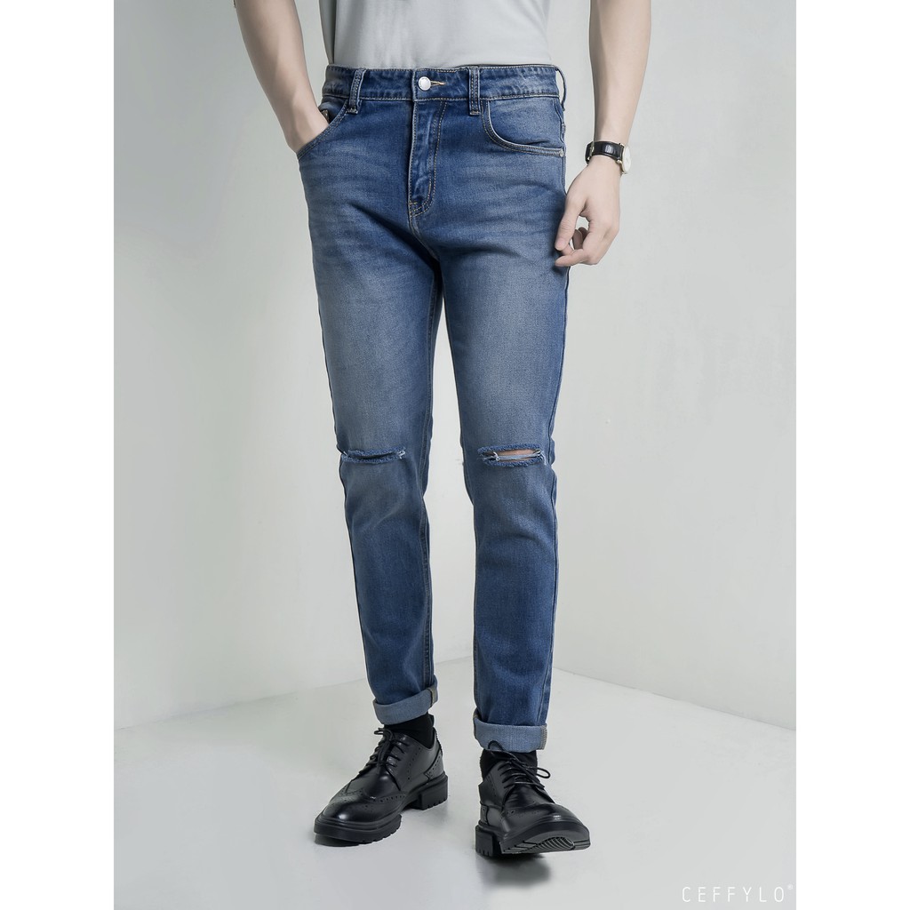 [Mã LTP50 giảm 50000 đơn 150000] Quần Jeans rách gối Xanh Đậm nam form slimfit CEFFYLO , chất Jean thun co giãn nhẹ