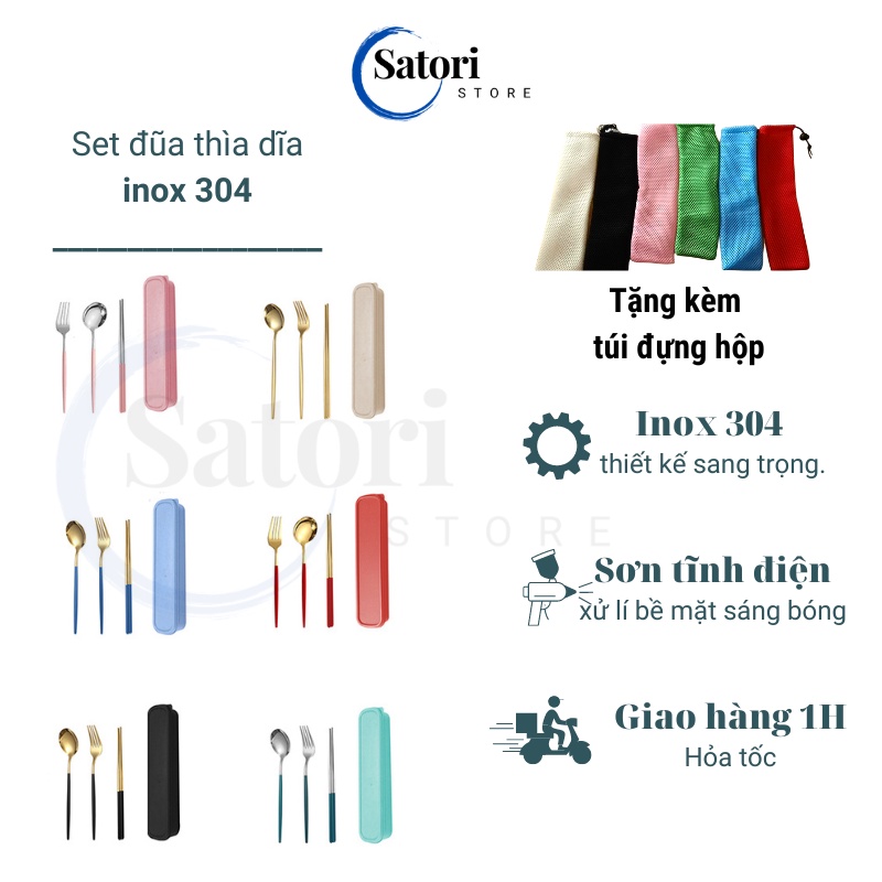 Bộ muỗng đũa nĩa thìa inox 304 mạ vàng, cá nhân cơm trưa văn phòng,dã ngoại.tặng kèm bao đựng Satori Store.