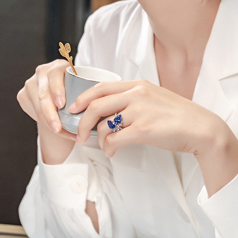 Nhẫn dạng hở hình giọt nước kim cương nhân tạo màu xanh dương khảm đá sapphire thanh lịch cho nữ