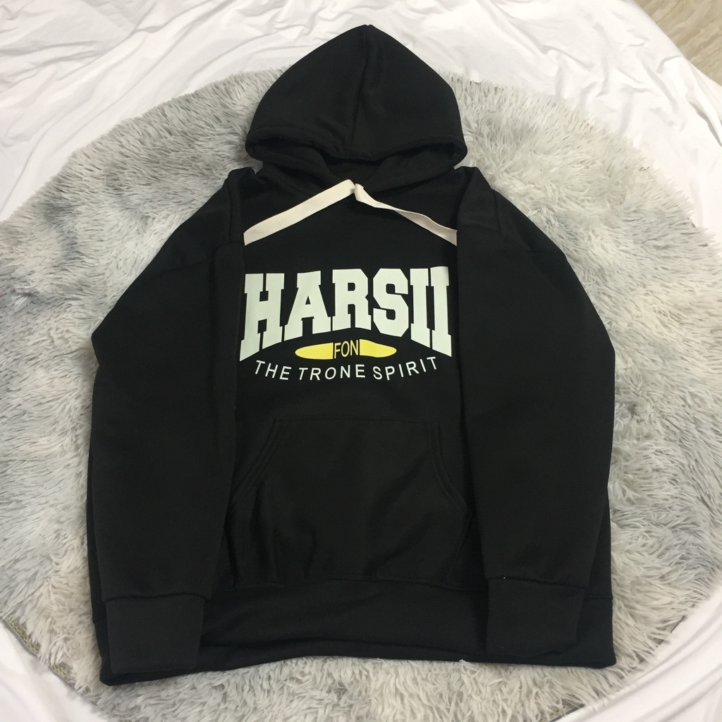 Áo Hoodie Nỉ bông Chữ Ngực HARSII, Áo hoodie mũ 2 lớp Form Rộng Tay Bồng, có 3 màu Đen, Xám, Nâu Vati shop