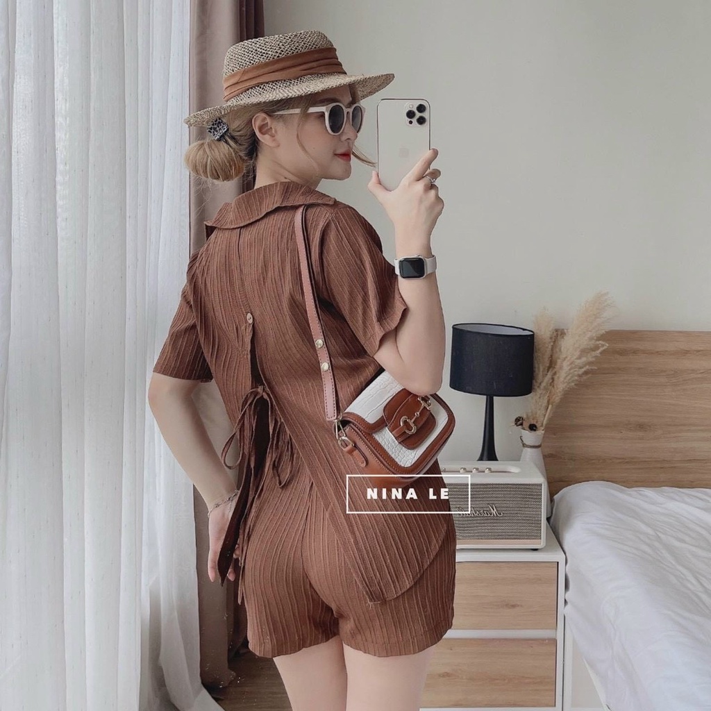 Sét bộ áo sơ mi đũi xốp sọc nút cài sau cột nơ phối quần đùi xinh xắn thời trang nữ thiết kế đa phong cách