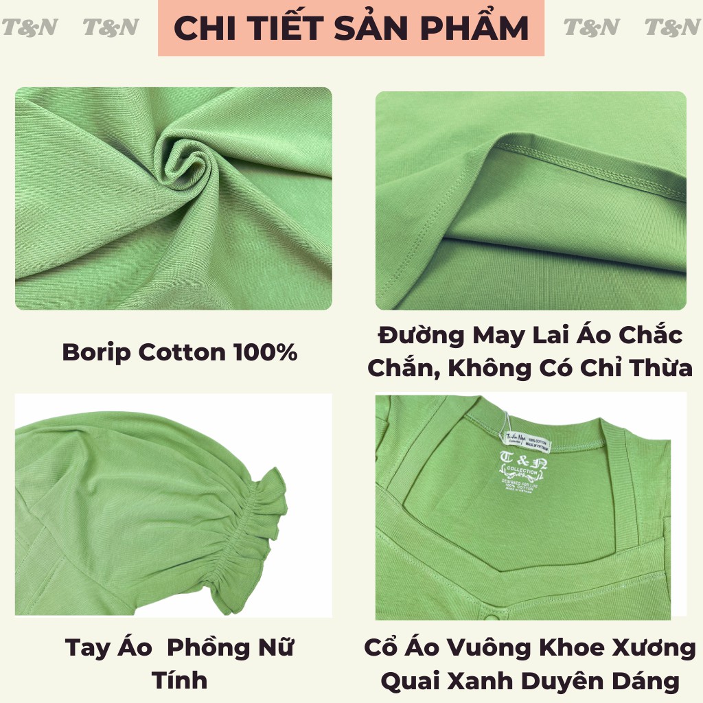 Áo thun borip nữ cổ vuông tay phồng ôm body T&amp;N TSHIRT COLLECTION, chất borip cotton 100% co dãn, thoáng mát A04563