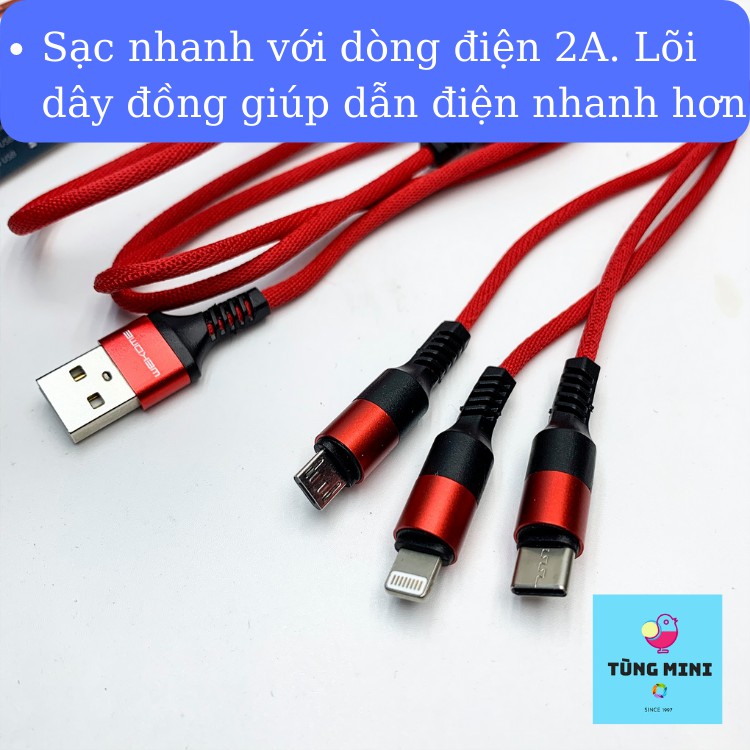 Cáp Sạc Nhanh 3 Đầu Lightning, Type C, Micro USB WDC125 - Dây Cáp Sạc Nhanh Dây Dù Siêu Bền Chính Hãng