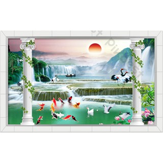 Tranh sơn thủy phong thủy cá chép và chim hồng hạc, Tranh dán tường 3d hiện đại (tích hợp sẵn keo) MS968950