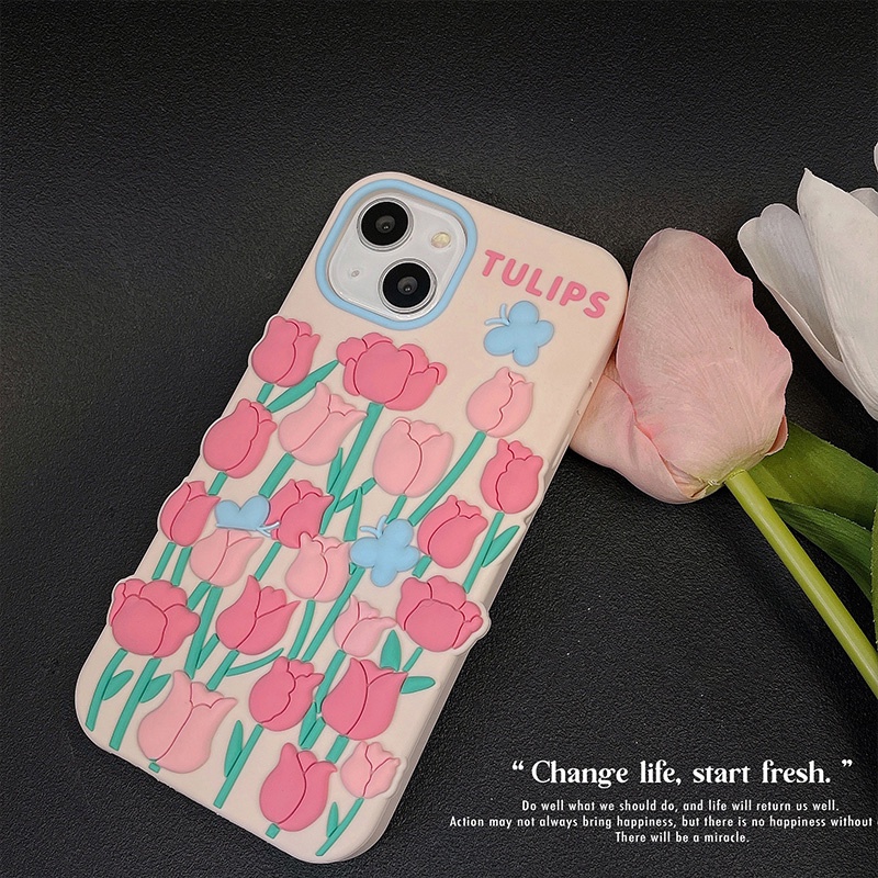Ốp Điện Thoại Silicon Mềm Chống Sốc Hình Hoa Tulip 3D Cho iPhone 14 13 12 11 Pro Max XS XR X 8 7 6 6S Plus + SE 2020