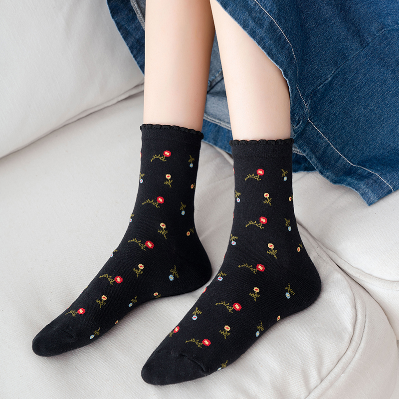 Tất cotton dệt kim ấm áp họa tiết bông hoa màu sắc ngọt ngào giản dị thời trang sinh viên Hàn Quốc