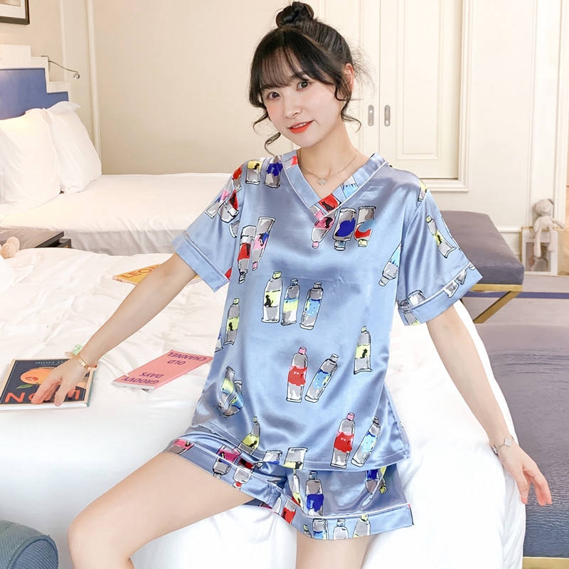 Bộ đồ ngủ vải lụa lạnh tay ngắn cổ chữ V in họa tiết trái cây hoạt hình phong cách Hàn Quốc thời trang mùa hè cho nữ