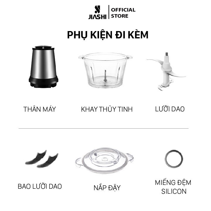 Máy Xay Thịt Đa Năng JIASHI Cối Inox, Thủy Tinh 4 Lưỡi  Công suất 300W Dung Tích 2L MXT01