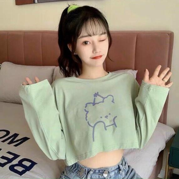 Áo Croptop tay dài nữ form rộng Unisex GẤU Freesize 45-70kg, áo thun nam form rộng tay lỡ, áo phông nữ form r  ྇ ྇