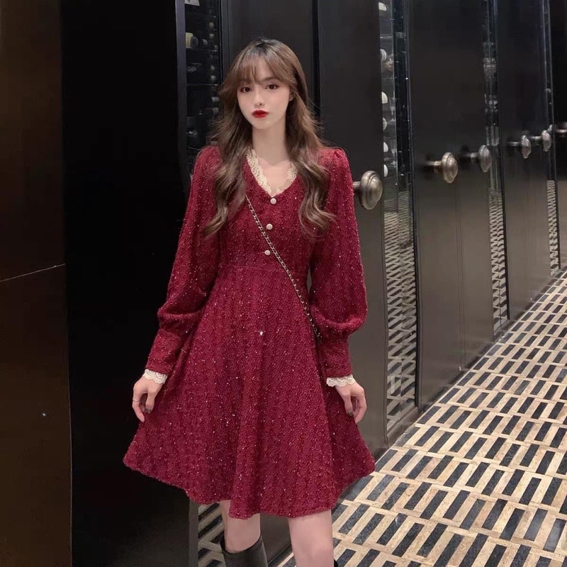 [Ảnh thật/Video] Đầm Dệt Kim Tay Phồng Cổ Chữ V Xinh Xắn Thanh Lịch Đầm Dài Dáng Chữ A Màu Đỏ Phong Cách Hàn Quốc Cho Nữ | BigBuy360 - bigbuy360.vn