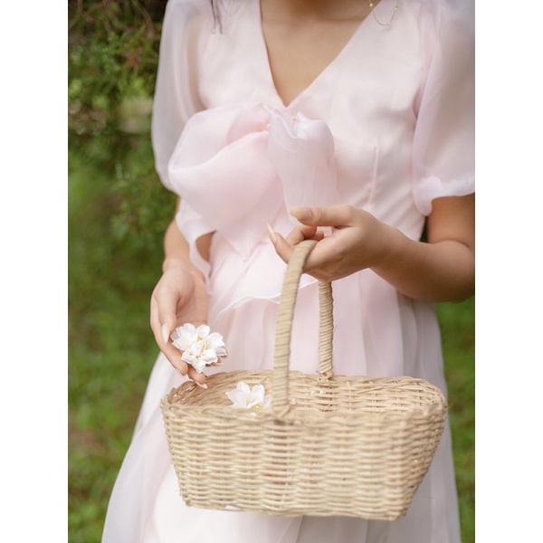 Đầm dự tiệc dạ hội rosemary dress  thiết kế cổ tim nơ to bản tay bồng caocaobycaochen 2 màu trắng hồng có bigsize