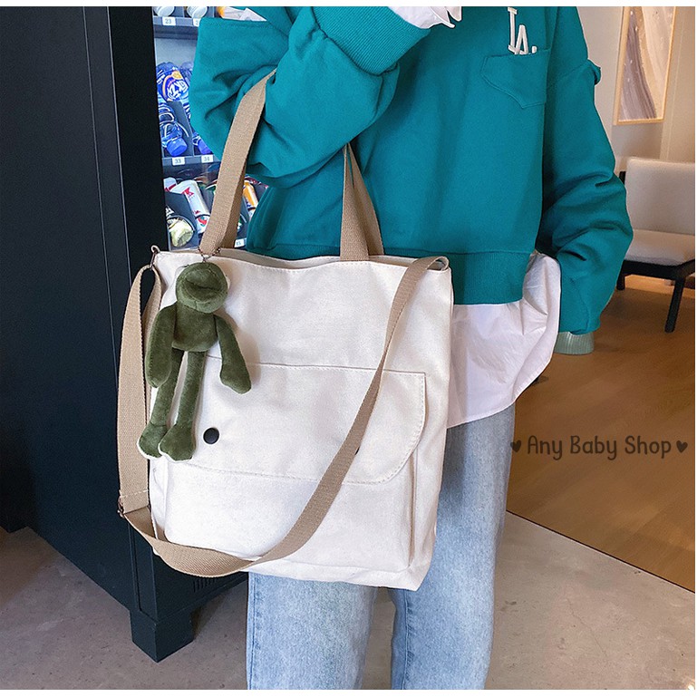 Túi tote- túi vải Ulzzang phong cách Hàn Quốc vừa xách vừa đeo 3 màu sang chảnh kèm móc khóa hình thú siêu cute  ❣❣