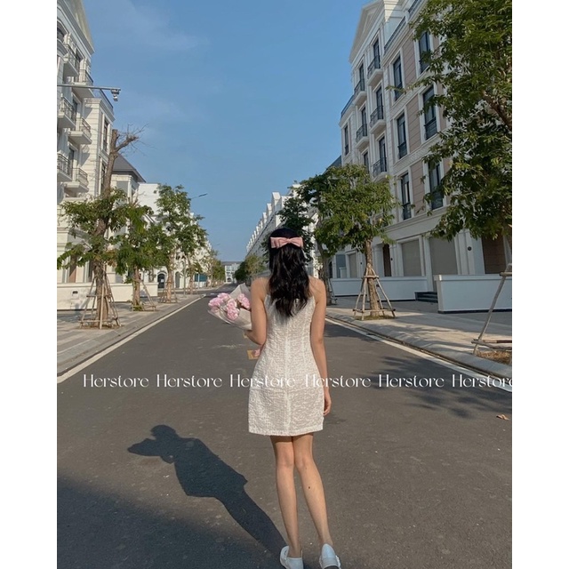 Đầm trắng hai  dây có lót xịn xò đi biển, đi tiêc- Herstore