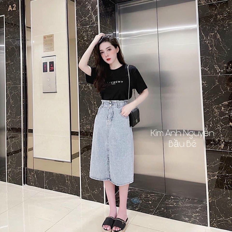 Chân Váy Jeans dài, chân váy bò Lưng Cao cạp chun dáng dài xẻ trước Thời Trang Hàn Quốc M646