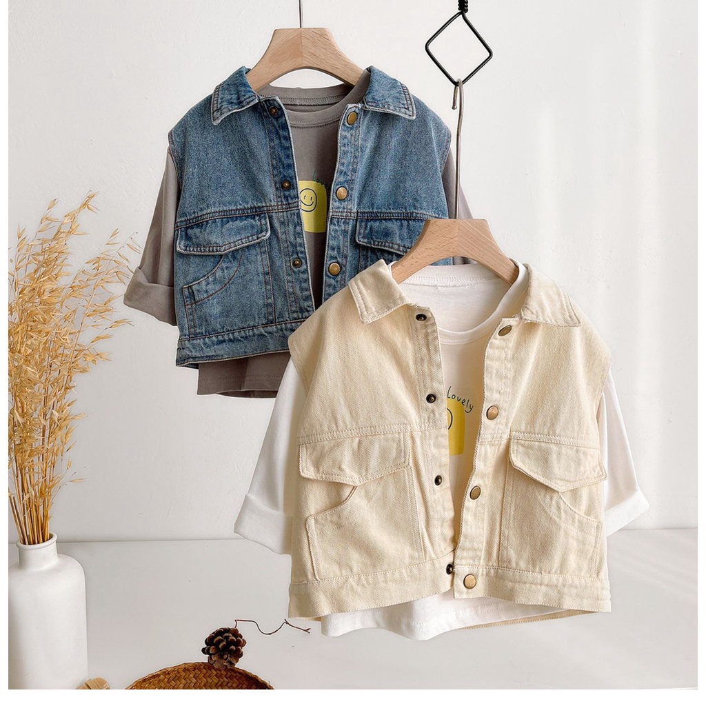 Áo Gile cho bé trai và bé gái, áo jeans cao cấp phong cách_T4