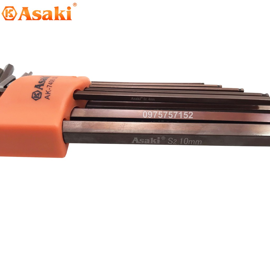 Bộ lục giác bi 9 chi tiết Asaki AK-7408 1.5-10mm - Bộ lục giác 9 cây Asaki AK-7408 thép S2 (Bản cao cấp)