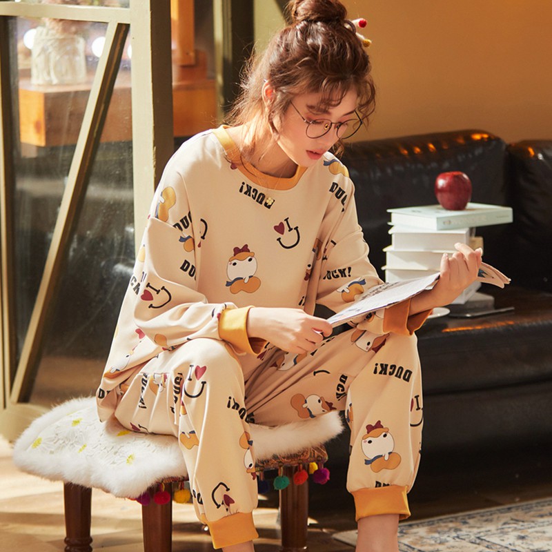 Bộ Đồ Ngủ Pijama Dài Tay In Hình Vịt Dễ Thương Cho Nữ