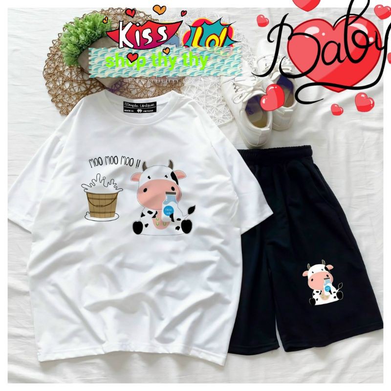 Bộ đồ unisex dễ thương form rộng in hoạt hình bé bò kute