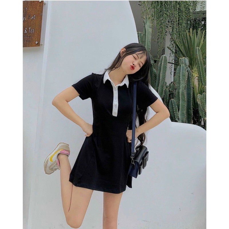 Đầm Polo Đen Viền Cổ Trắng~ Đầm Basic Chất Thun Co Giãn