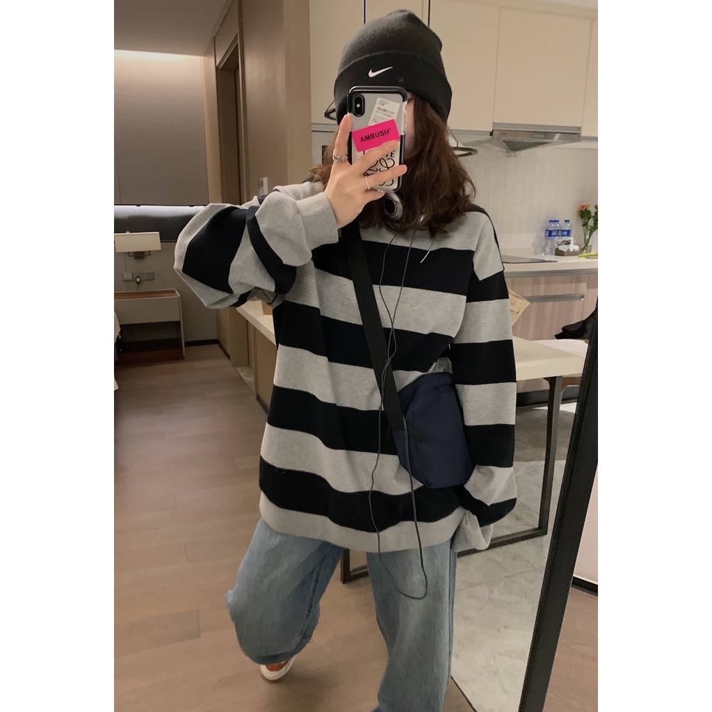 SUXI Áo sweater mỏng tay dài cổ tròn dáng rộng kẻ sọc kiểu retro Hàn Quốc thời trang mùa thu cho nữ