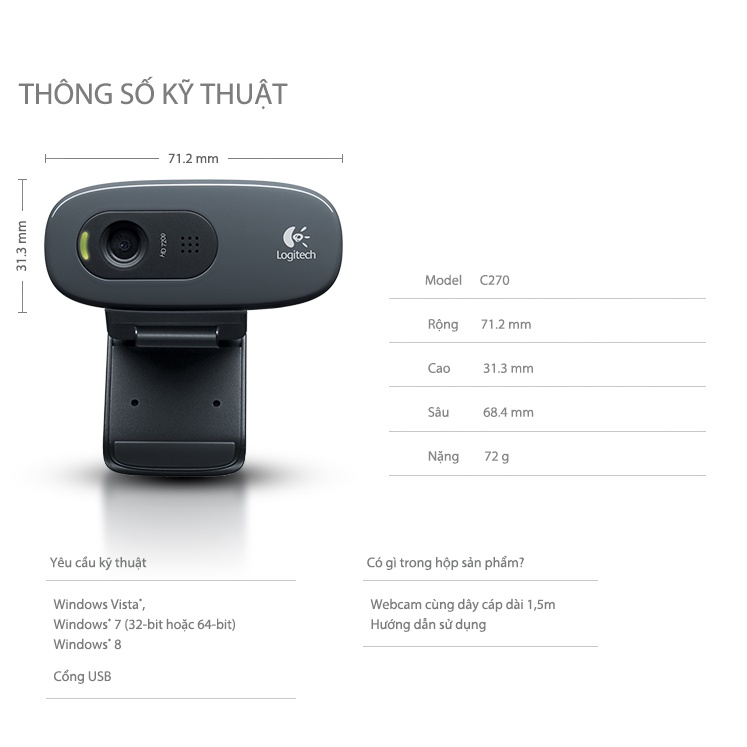 Webcam Logitech C270 HD 720P - Hàng Chính Hãng