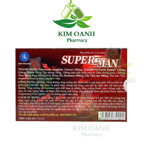 Viên uống Super Man 1h giúp tăng cường sinh lí nam giới, kéo dài thời gian quan hệ, chống xuất tinh sớm superman 1h