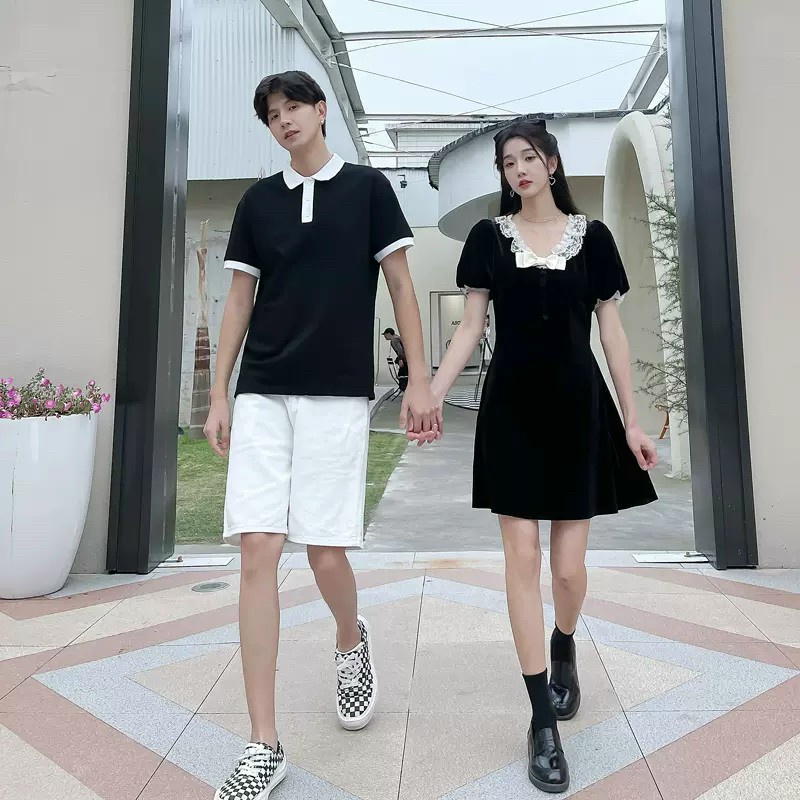 Set đồ đôi nam và nữ áo polo kết hợp váy ôm body phong cách Hàn Quốc