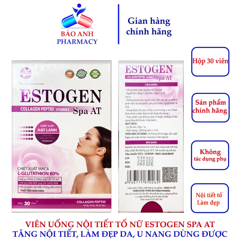 Collagen Nội tiết tố nữ ESTOGEN Spa AT – Bổ sung Collagen, Glutathion giúp làm đẹp da, cân bằng nội tiết tố – Hộp 30v