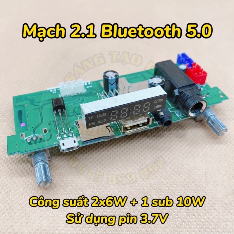 Bo mạch khuếch đại âm thanh 2.1 Bluetooth 5.0 - Công suất 2 vệ tinh mỗi kênh 6W + 1 sub 10W, sử dụng pin 3.7V